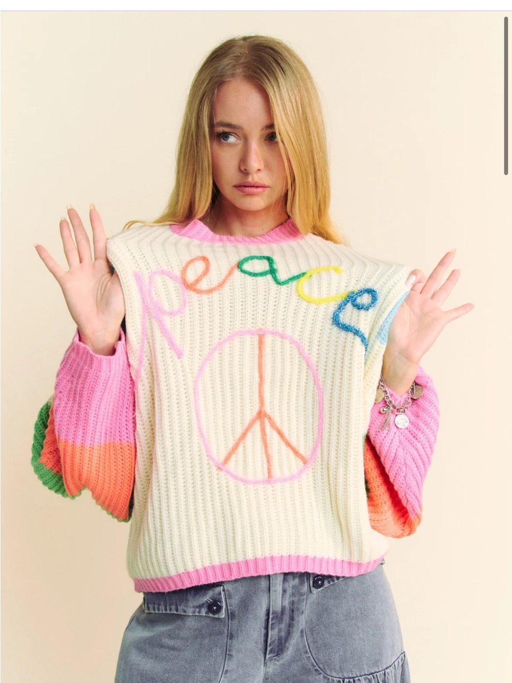 Davi & Dani Multicolor Striped Peace Sign Balloon Sleeve Sweater